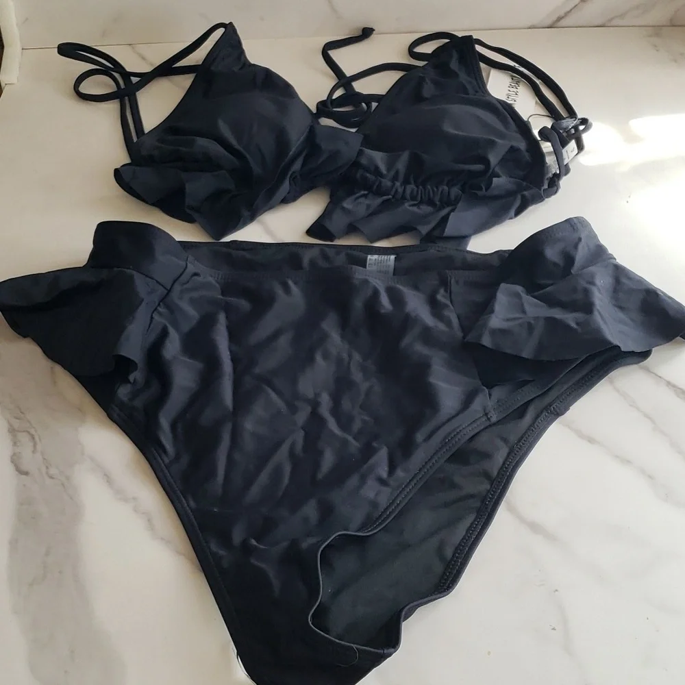 SPORLIKE Ruffle V Neck High Waisted Bikini in Black Size XL